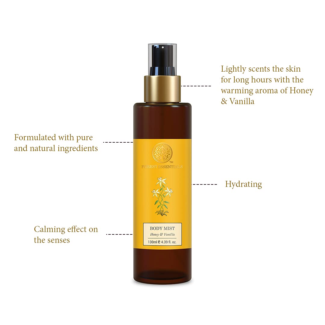 Forest Essentials Body Mist Honey & Vanilla | Natural & Hydrating Body Spray For Men & Women | Luxury Floral and Oriental Fragrance | 130 ml