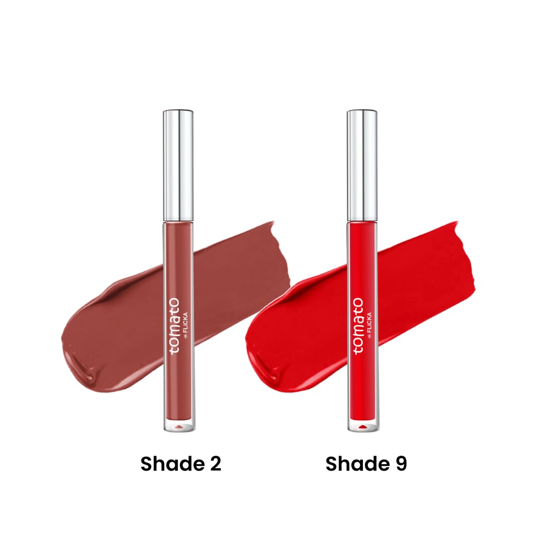 FLiCKA Tomato Liquid Matte Lipstick Transfer Proof, Smudge Proof, Non-Sticky, Creamy Lightweight Shade 2 & Shade 9 Combo
