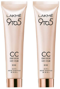 LAKMÉ 9 To 5 CC Cream, 01 - Beige, Light Face Makeup With Natural Coverage, SPF 30 - Tinted Moisturizer To Brighten Skin, Conceal Dark Spots, 30g (Pack of 2)