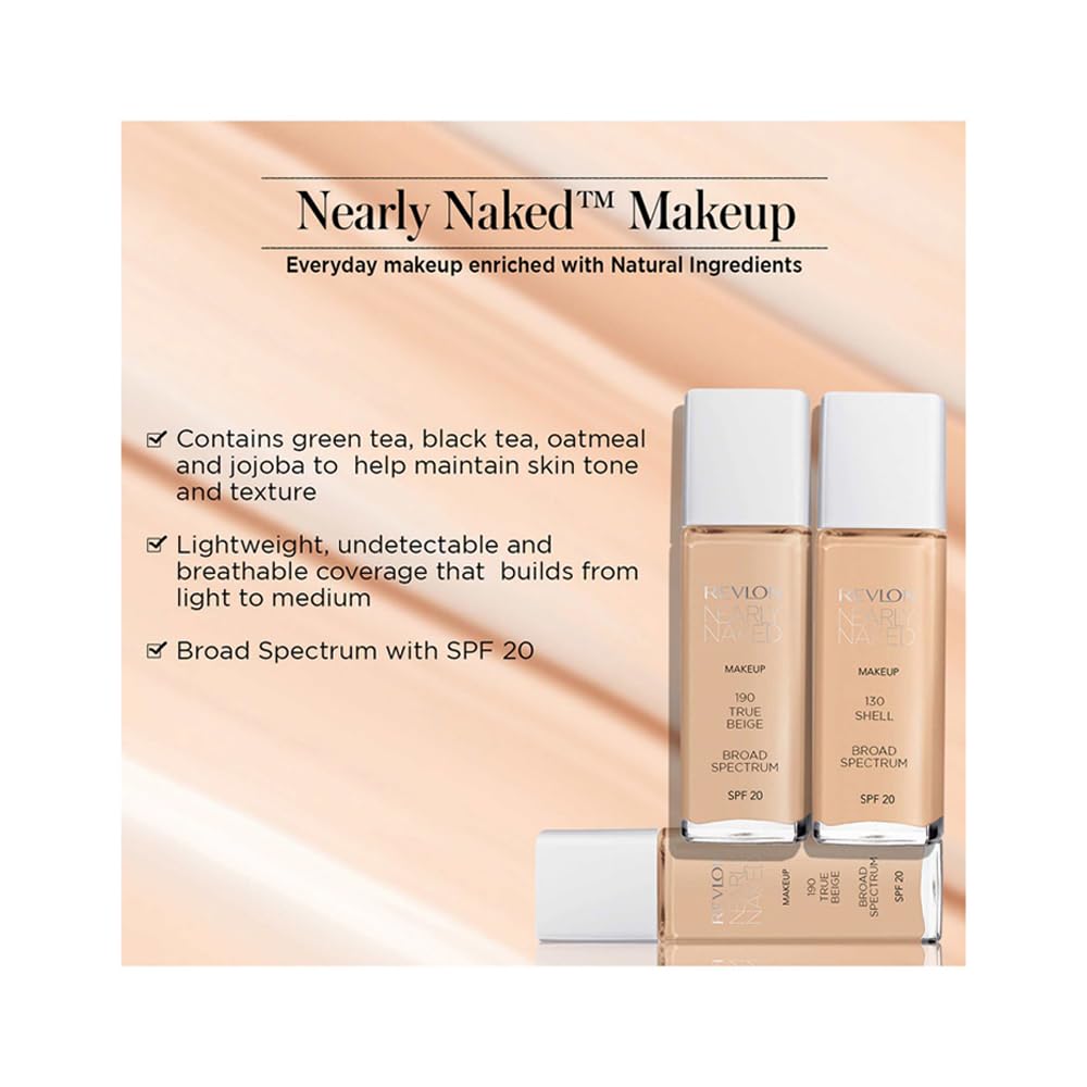 Revlon Nearly Naked Makeup Foundation SPF 20|Lightweight formula|Natural ingredients| Restore Natural Glow, Fresh Beige- 30ml