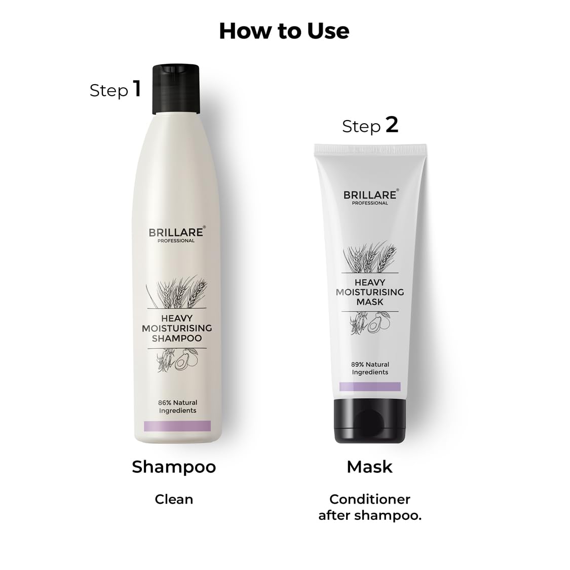 Brillare Professional Heavy Moisturising Natural Shampoo & Hair Mask Combo, Enriched With Wheat Germ & Avocado Fruit, Deeply Nourishes Dry and Frizzy Hair Shampoo 300ml+ Mask 125ml