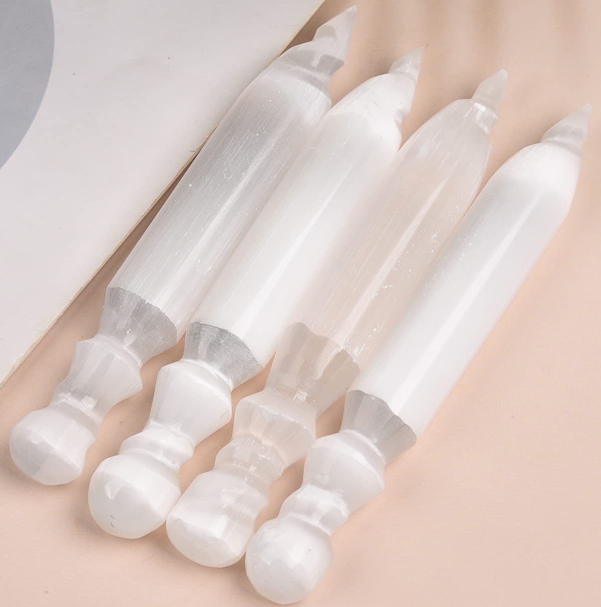 JIC Gem 4 Pcs Selenite Wand 6 Inch Natural Spiral Selenite Sticks Crystal Point for Reiki, Healing, Meditation, Chakra, Positive Energy B-spiral4 Wand 6"
