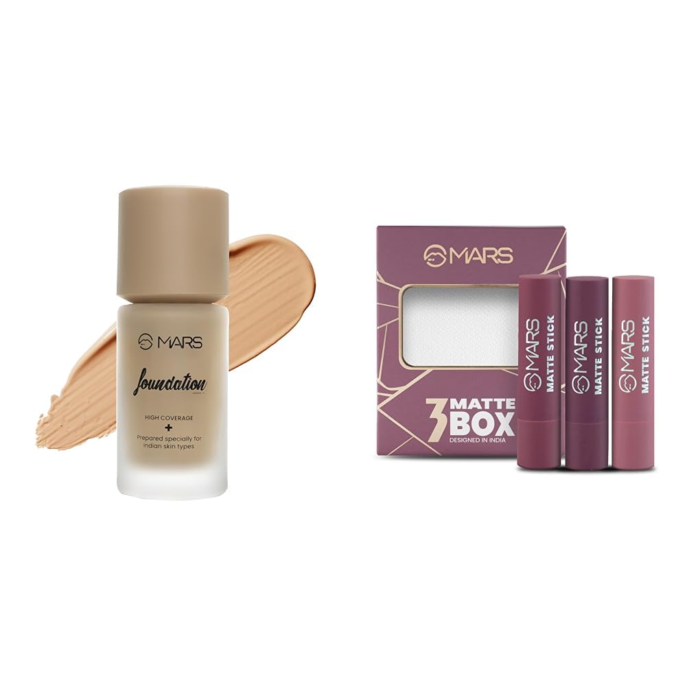 MARS High Coverage Liquid Foundation | Blemish Free & Blendable Foundation for All Skin Makeup (40ml) (SHADE-07) Matte Box Set of 3 Lipsticks for Women |(3x3.2 gm) (03-Plum)