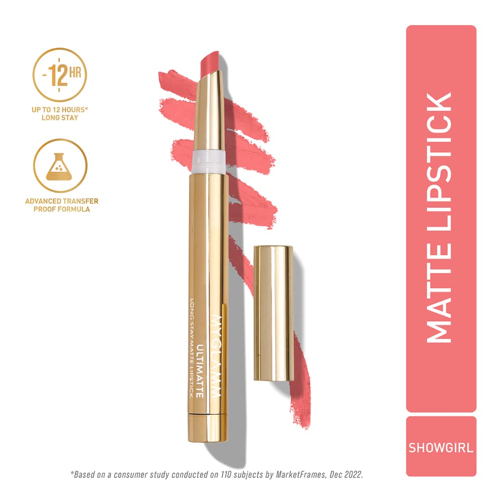 MyGlamm Ultimatte Long Stay Matte Lipstick - Showgirl (Pink) | Long Lasting Lipsticks for Women With 12hr Stay | Transfer Proof | Rich Colour | Moisturising, Lightweight Formula | 1.3g