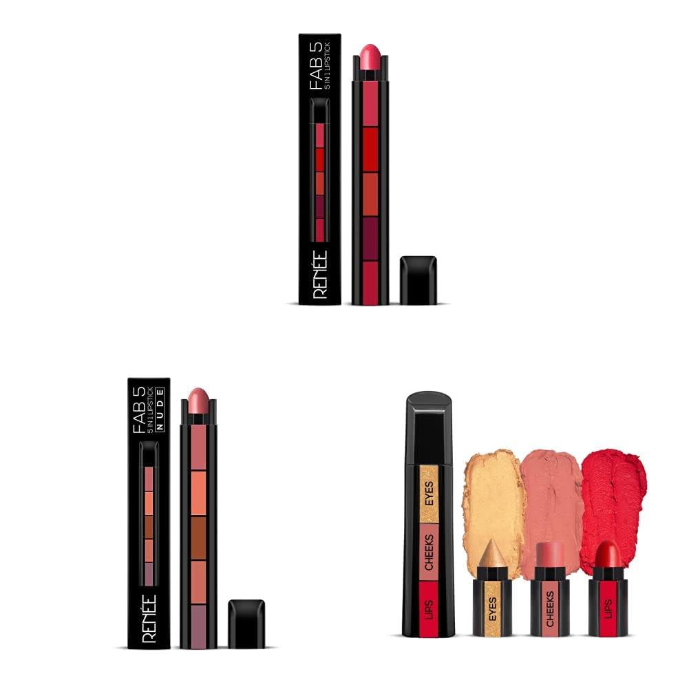 RENEE Lipstick FAB5 (Matte) & RENEE Lipstick FAB5 Nude (Matte) & RENEE Fab Face Diva - 3 in 1 Makeup Stick With Eye Shadow, Blush & Lipstick, Enriched With Vitamin E 4.5g