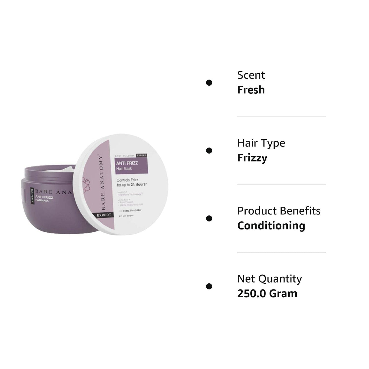 Bare Anatomy Anti Frizz Hair Mask | Frizz Control Upto 24 hours | Powered By Hyaluronic Acid & Fatty Acids | For Deep Conditioned & Frizz Free Hair | Sulphate & Paraben Free | Women & Men | 250g