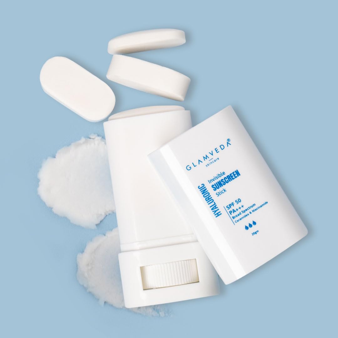 Glamveda Hyaluronic Invisible Sunscreen Stick SPF-50 PA+++ | Blue Light Filter, Hydration with Hyaluronic Acid & Ceramides | Dewy Finish, Easy Application | UVA/UVB Protection | for Men & Women | 20g
