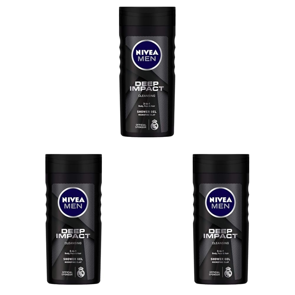 Nivea Men Body Wash, Deep Impact, 3 In 1 Shower Gel For Body, Face & Hair, With Microfine Clay, 250ml (Pack of 3)