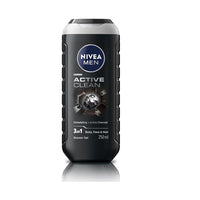 NIVEA Men Body Wash, Active Clean with Active Charcoal, Shower Gel for Body, Face & Hair, 250 ml