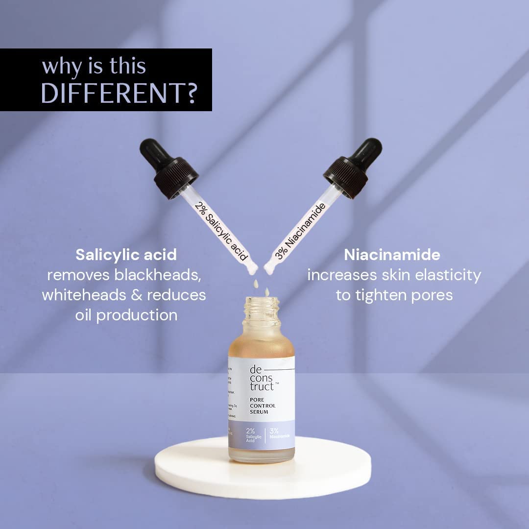 Deconstruct Pore Control Face Serum |2% Salicylic Acid 3% Niacinamide Serum For Acne, Acne Marks, Open Pores & Blackheads | Controls Oil | Beginner Friendly | 30ml
