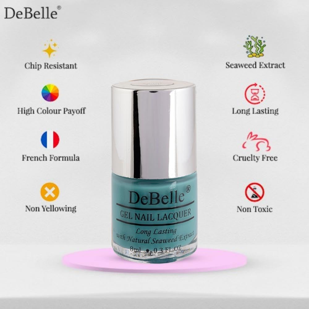 DeBelle Gel Glossy Finish Nail Polish Tahiti Teal (Teal Blue), 8 Ml - Enriched With Natural Seaweed Extract, Cruelty Free, Toxic Free