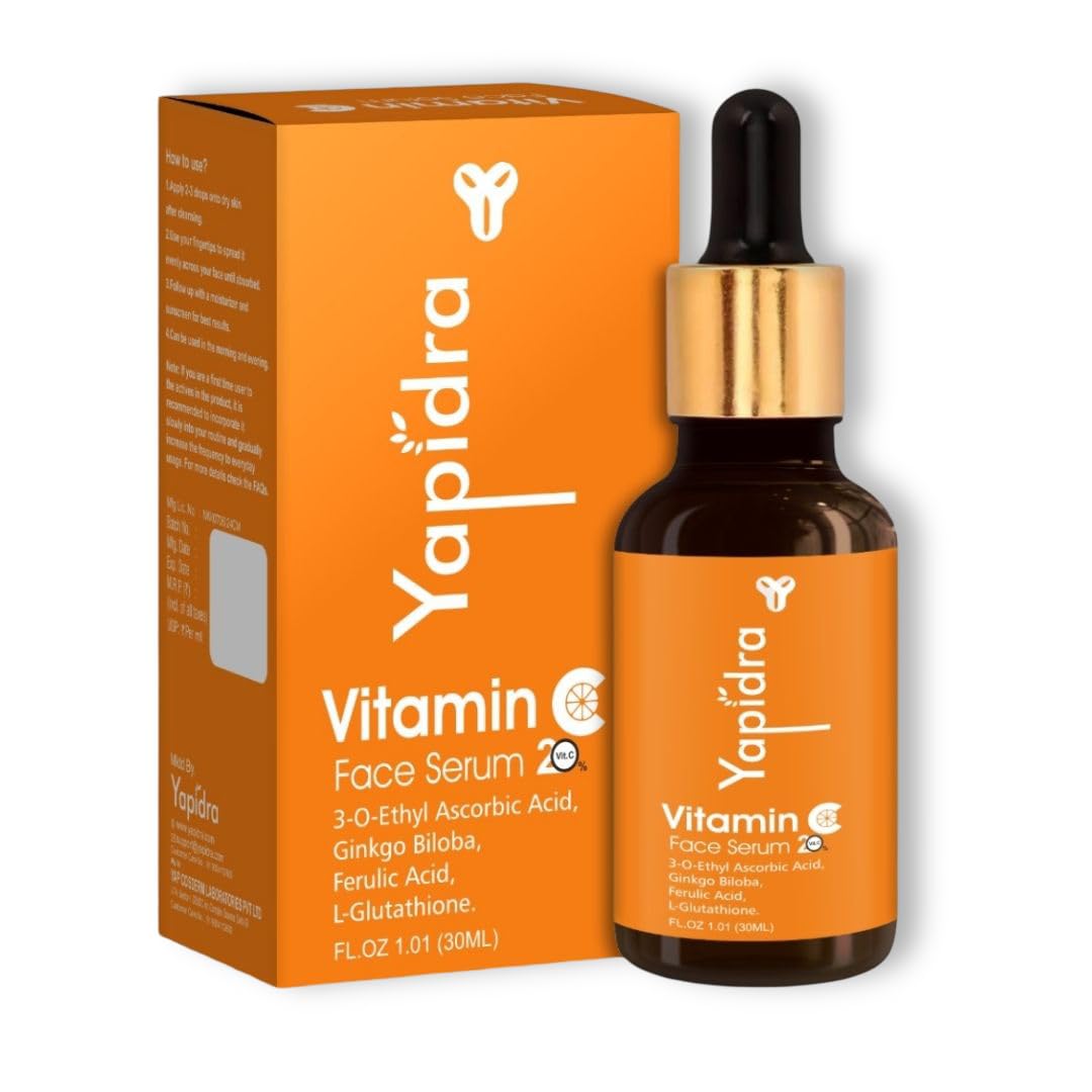 Yapidra Vitamin C 20% Face Serum | Brightening & Hydrating with Ferulic Acid & L-Glutathione | Boosts Radiance, Fights Oxidative Stress, Improves Texture | Lightweight | For All Skin Types | 30ml