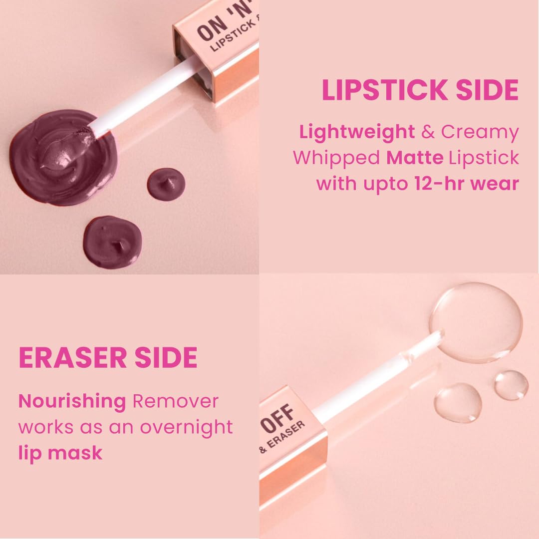 Typsy Beauty ON 'n' OFF Lipstick & Eraser | 12 Hr Stay Creamy Matte Formula (Deep Wine) | Smudge & Transfer Proof | Nourishing Remover Oil & Leave-On Mask | Vegan | 8 shades | 2.5 ml x 2.5 ml