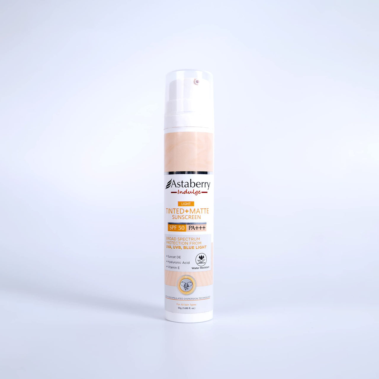 ASTABERRY Indulge Tinted Matte Sunscreen SPF 50 PA+++ | Broad Spectrum Protection from UVA/B & Blue Light | Suncat DE & No White Cast |Provides a Light Tint - 50g (Light), All