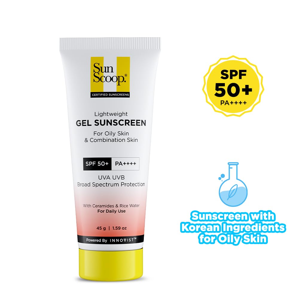 SunScoop Ceramides & Rice Water Gel Sunscreen | SPF 50+ PA++++ | For Oily & Combination Skin | Oil-Free Finish | Sweat-Free | Lightweight Formula | Protects Skin Barrier | 45g
