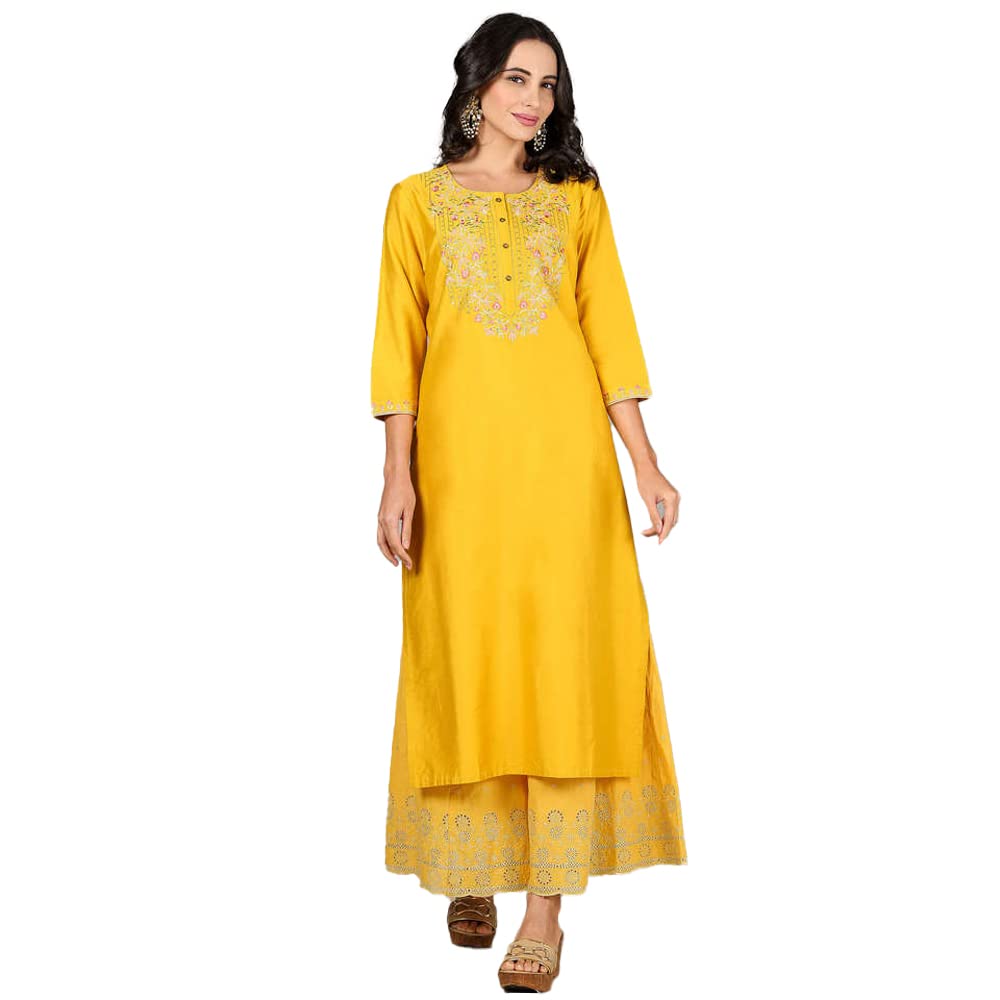 Kashish Women's  Viscose Embroidered Round Neck Straight Fit Kurta