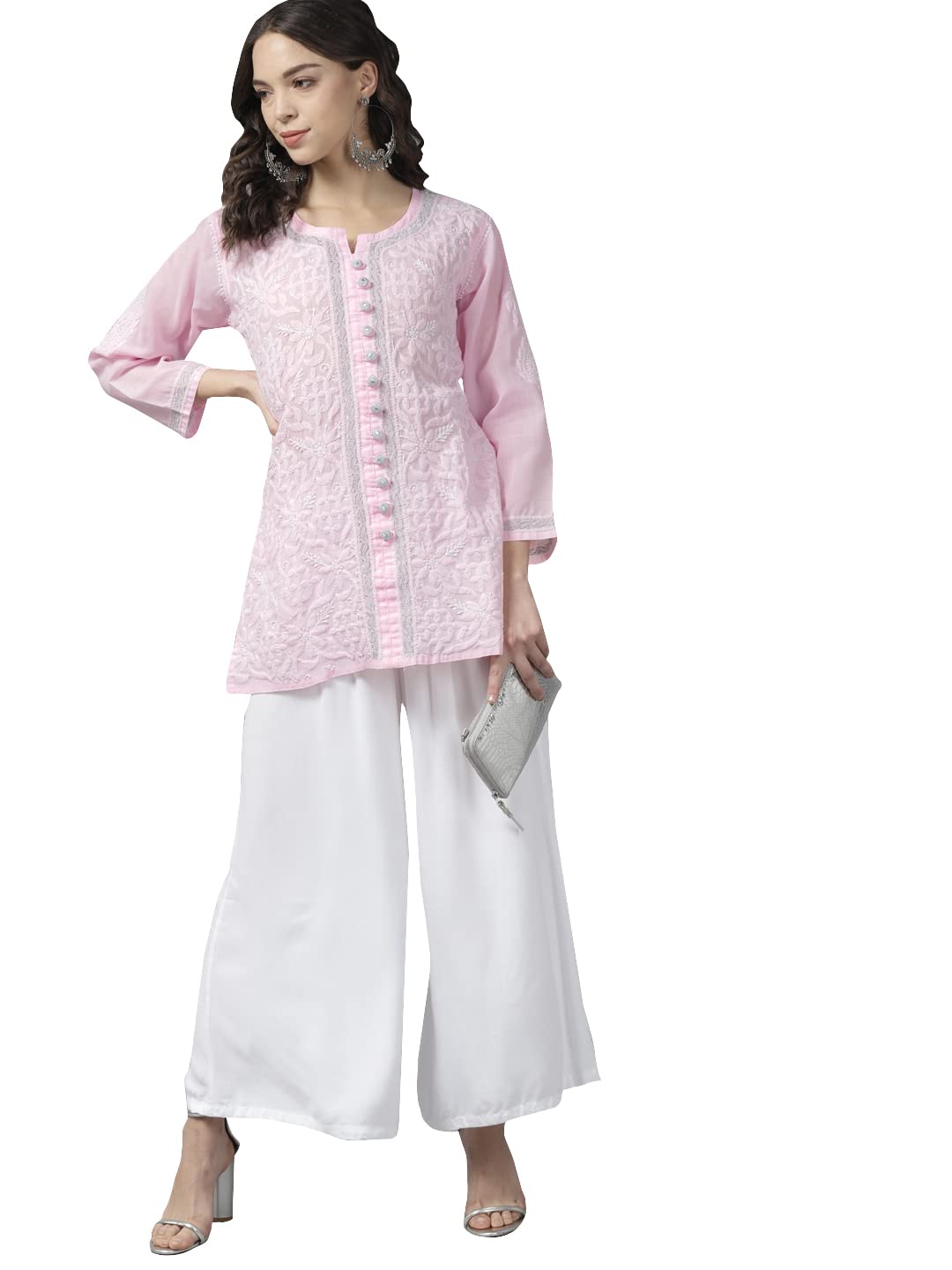 Ada Women's  Hand Embroidered Lucknowi Chikankari Cotton Straight Short Top Kurti A178625