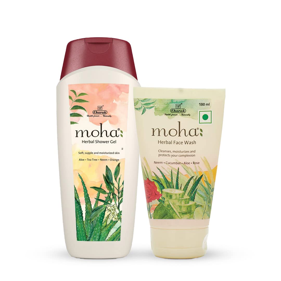 moha: Herbal Face Wash 100 ML and Herbal Shower Gel 200 ML Combo | Soft Supple & Moisturised Skin with Aloe, Tea Tree, Neem | Face Wash With Goodness Of Neem, Aleovera, Cucumber, Rose