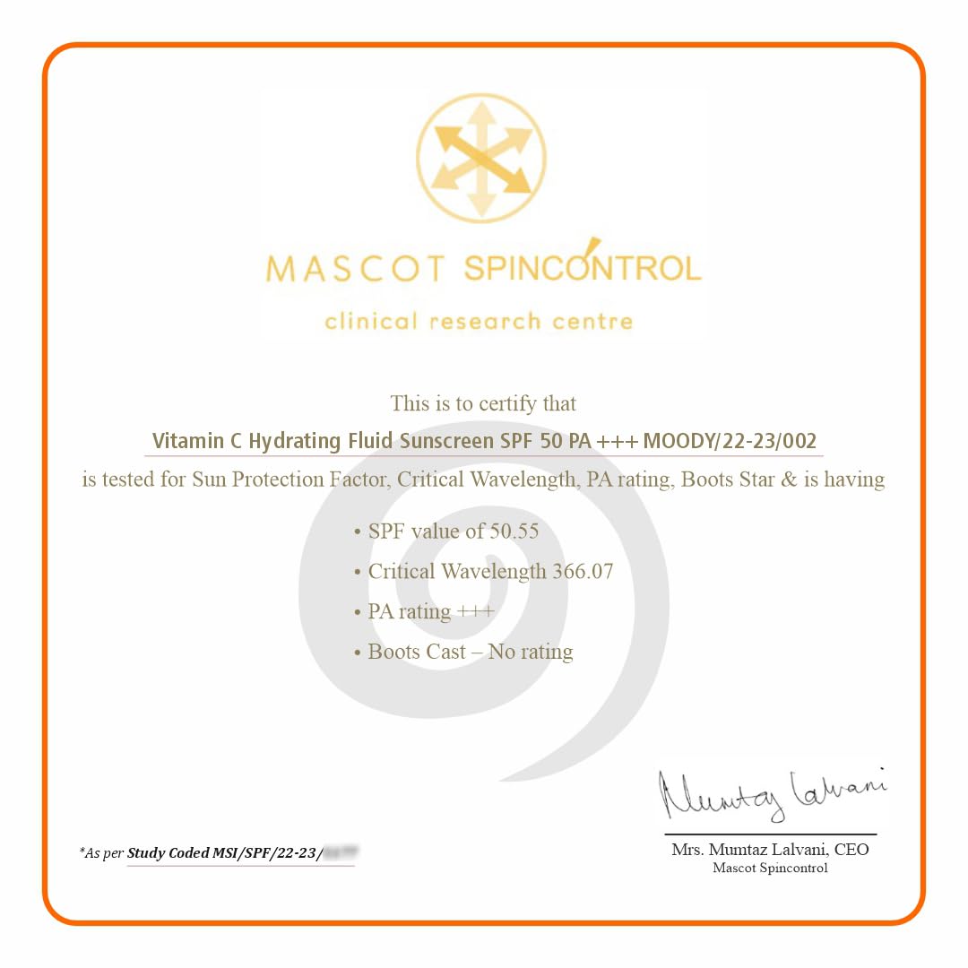 Moody SPF 50 PA+++ Vitamin C Sunscreen with UVA, UVB & Blue Light Protection for Glowing Skin| Long Lasting Hydration Lightweight | Non-Greasy, Quick-Absorbing | Zero White Cast | For Women & Men | 50 ml