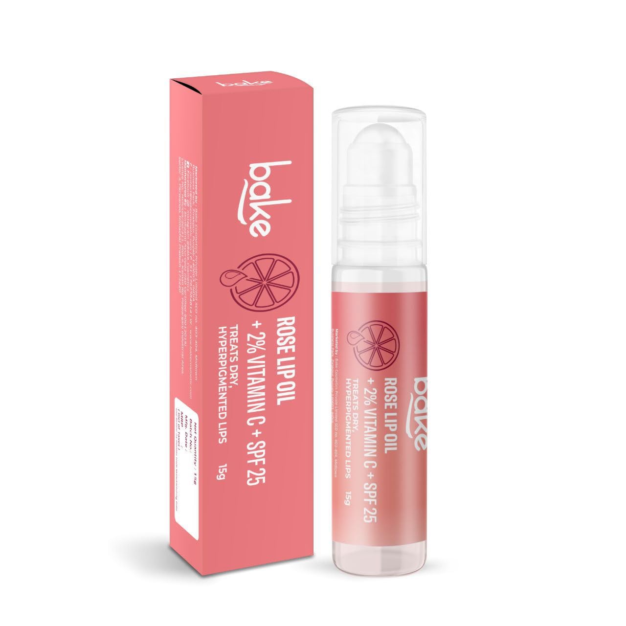 BAKE 2% Vitamin C Rose Tinted Lip Oil Balm with SPF 25 | BAKE in Dawn | Treats Dry, Pigmented Lips | Smooth, Supple Lips with SPF | With Shea butter, Cocoa Butter, Zinc Oxide & Vitamin C | For Men and Women | 15ml (Rose)