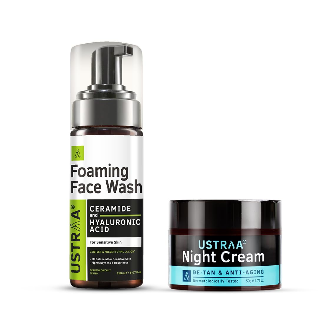 Ustraa Bright Night Kit - Foaming Face Wash - For Sensitive Skin - 150 ml | Moisture Retention | with Ceramides & Night Cream - De-tan & Anti-aging - 50g - Effective Tan Removal | with Niacinamide