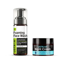 Ustraa Bright Night Kit - Foaming Face Wash - For Sensitive Skin - 150 ml | Moisture Retention | with Ceramides & Night Cream - De-tan & Anti-aging - 50g - Effective Tan Removal | with Niacinamide
