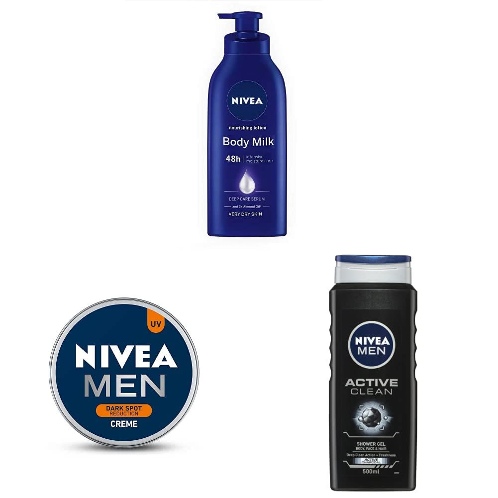 NIVEA Body Lotion for Very Dry Skin, 600 ml & NIVEA Men Crème, Dark Spot Reduction, Cream with UV Protect, 150 ml & NIVEA Men Body Wash, Active Clean with Active Charcoal, 500 ml