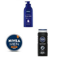 NIVEA Body Lotion for Very Dry Skin, 600 ml & NIVEA Men Crème, Dark Spot Reduction, Cream with UV Protect, 150 ml & NIVEA Men Body Wash, Active Clean with Active Charcoal, 500 ml