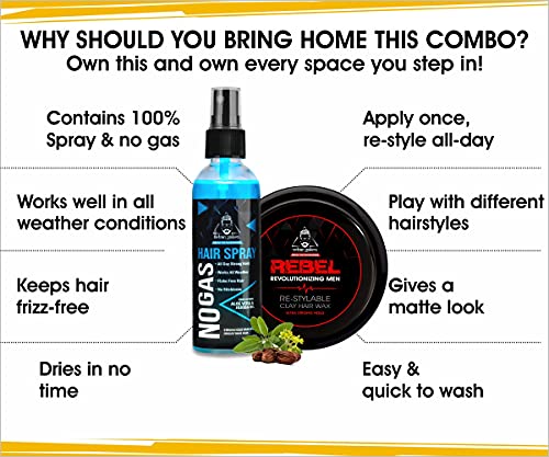 Urbangabru Combo Hair Styling Kit - Rebel Hair Styling Clay Wax (85 Gram) for 100 Times Re-Styleable and Unlimitied Strong Hold No Gas Hair Spray (100 ml)
