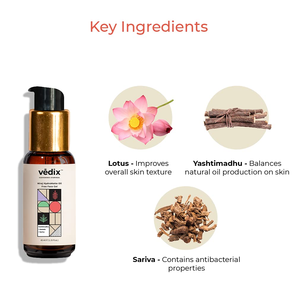 Vedix Niraj HydroMatte Oil Free Face Gel For Normal Skin With Yashtimadhu, Lotus and Sariva l Customized Ayurvedic Face Moisturizer - 40 ml