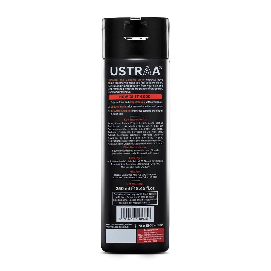 Ustraa Body Wash- Activated Charcoal 250 ml set of 2 - Deep Skin Detox with Activated Charcoal, Moisturization of Aloe Vera, Cleansing & Intense Foaming without Sulphates