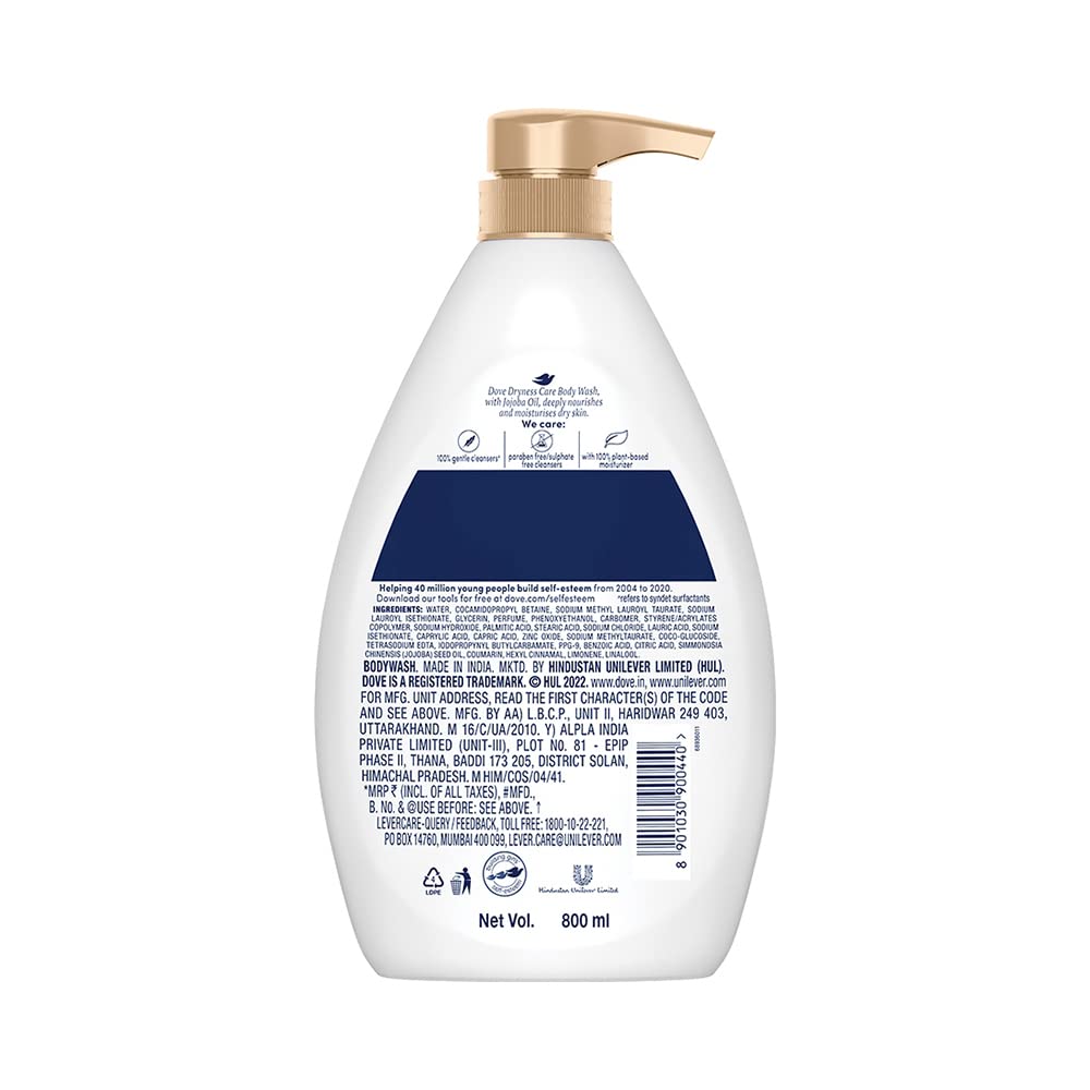 Dove Dryness Care Bodywash infused with Jojoba Oil to deeply nourish your skin, 100% gentle and paraben free/sulphate free cleansers, 100% plant- based moisturisers, 800ml