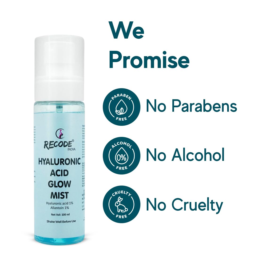 Recode Hyaluronic Acid Glow Mist 100ml | Intense Moisturization | Luminious Glow | Goodness Extracts of Papaya, Witch Hazel, Cucumber & Aloe Vera