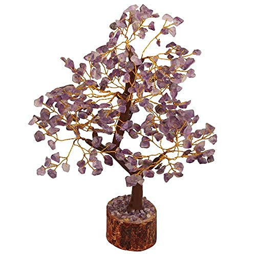Amethyst Chakra Tree of Life - Crystal Tree for Positive Energy, Feng Shui Decor - Handmade Gemstone Tree, Good Luck Money Bonsai, Purple Healing Crystals, Meditation Stone, Spiritual Mystical Gift Amethyst (Golden Wire)