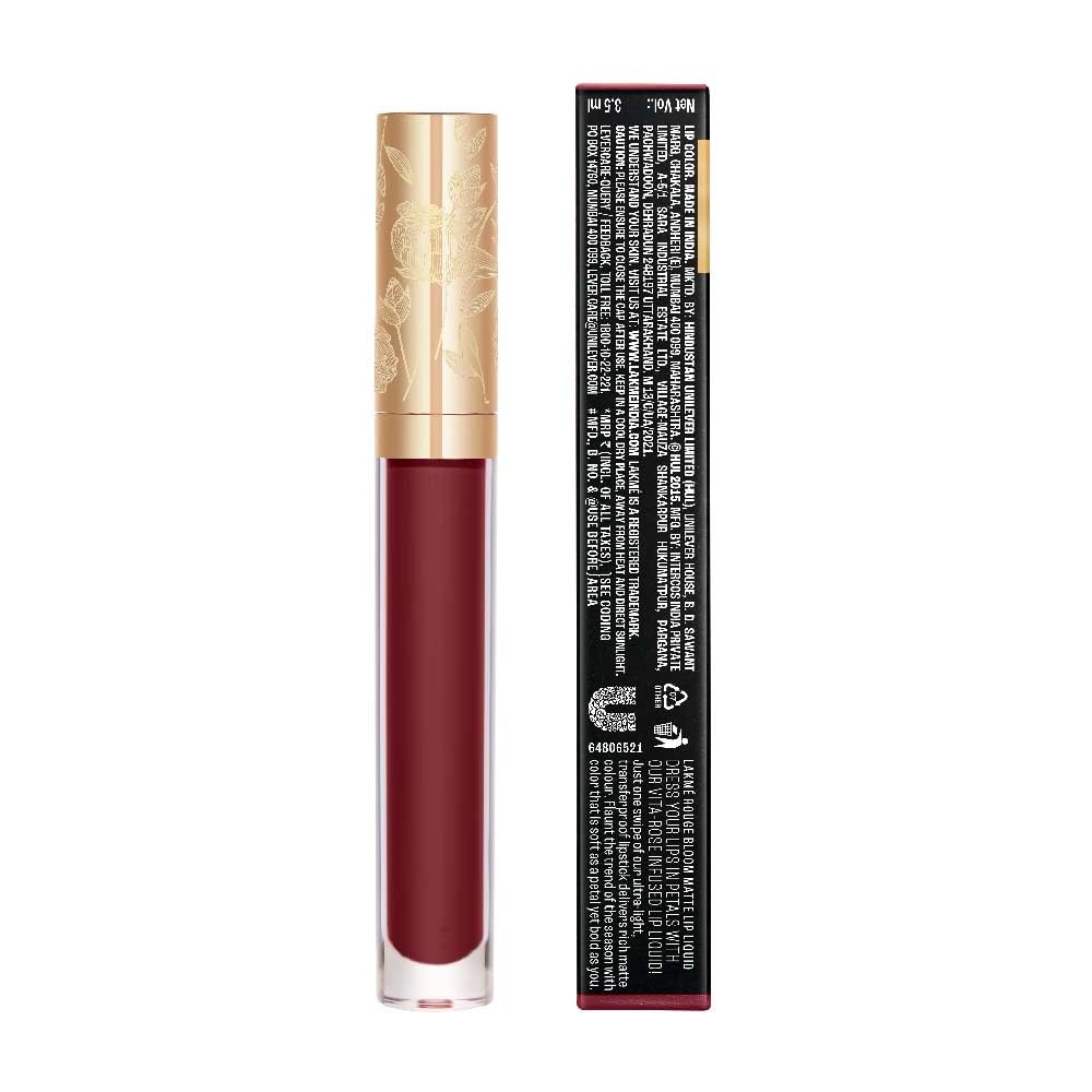 Lakmé Rouge Bloom Matte Lip Liquid, Matte Finish, Longlasting For Up To 14 Hours, Quick Drying & Transfer-Proof, Infused With Vita Rose For Smooth & Moisturised Lips - Amber Aura