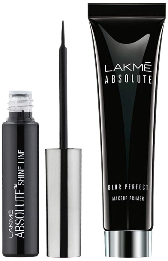 Lakmé Absolute Shine Liquid Eye Liner, Black, Long Lasting Shimmery Liner, 4.5ml & Absolute Blur Perfect Matte Face Primer, Peach, 10g