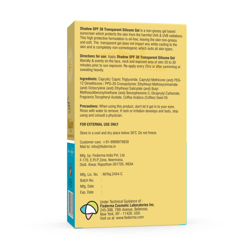 Fixderma Shadow Sunscreen SPF 30 PA+++ Transparent Silicone Gel | Moisturizer for Acne Prone Skin | Sun Screen Protector SPF 30 | Sunscreen for Body & Face | Broad Spectrum Sunscreen for UVA & UVB Protection | Sunscreen for Women & Men - 30gm