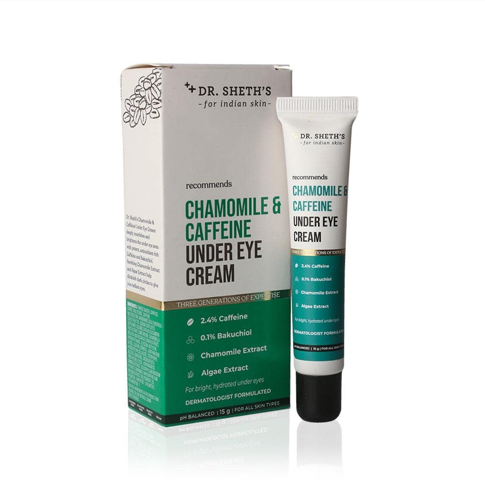 Dr. Sheth's Chamomile & 2.5% Caffeine Under Eye Cream | Reduces Fine Lines, Wrinkles & Puffiness | 0.1% Bakuchiol & Algae Extract for Dark Circles For Women & Men | Daily use anti aging cream -15g