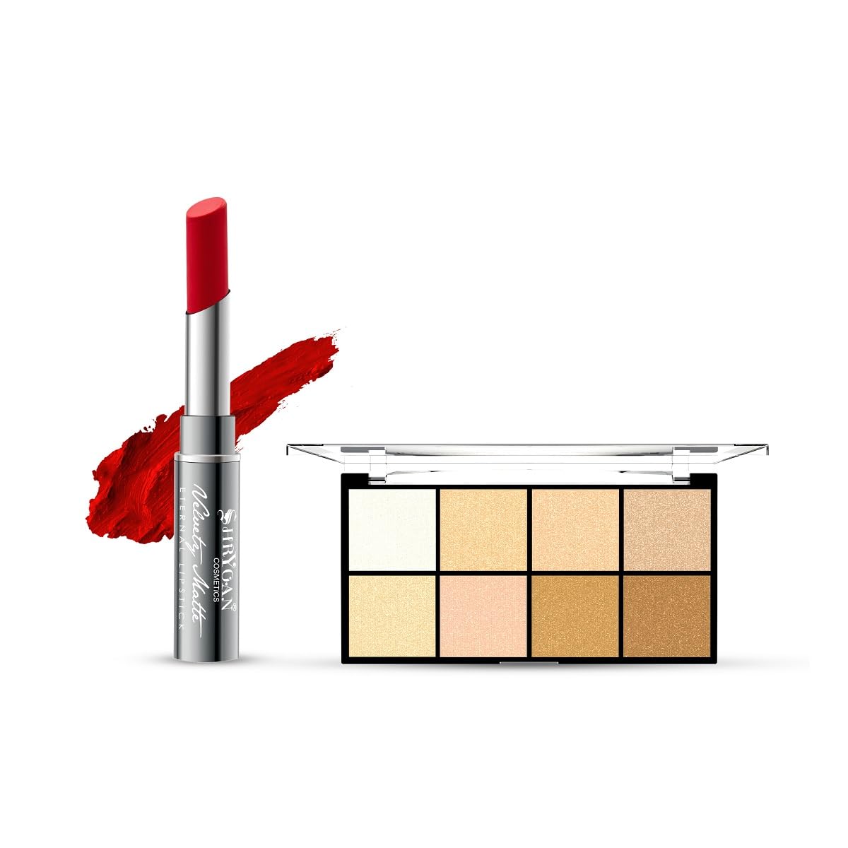 Shryoan Long Lasting Velvete Matte Lipstick with Highlighter Palette Makeup Combo For Girls & Women