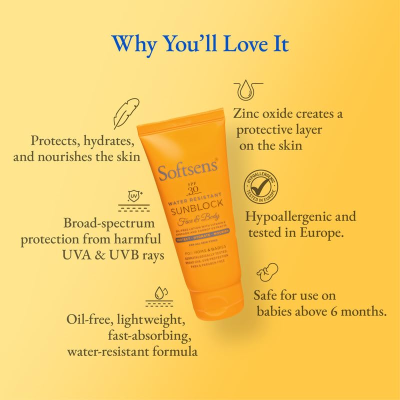 Softsens Sunblock Spf 30 Lotion | Enriched with Vitamin E, avocado & carrot extracts | For Babies & Parents | 50g Pack of 2