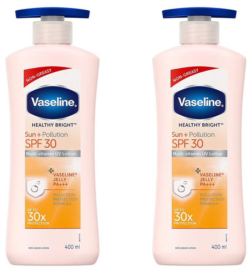 Vaseline Healthy Bright Sun Protection Body Lotion SPF 30 400 ml, Daily Moisturizer for Dry Skin, Gives Non-Greasy Glowing Skin - For Men & Women (Pack of 2)
