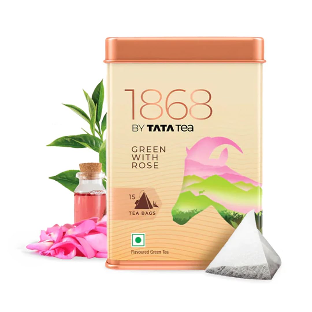 1868 by Tata Tea Green with Rose Tea Bags, Green Tea Leaves and Rose Petals, Green Tea Rich in Antioxidants, 15 Tea Bags