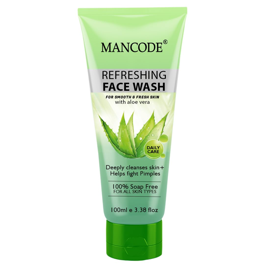 Mancode Refreshing Face Wash 100ml with Aloe Vera | Deep Cleansing & Pimple Fighting | Removes Dirt & Oil for Smooth, Fresh Skin | 100% Soap-Free Face Wash for Men & Women