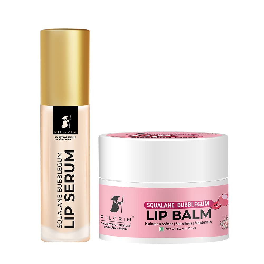 Pilgrim Squalane Hydra-Plumping Lip Balm+Lip Serum Combo(Bubblegum)|Lip Serum With Roll-On For Visibly Plump Lips|Soothing&Hydrating Dry&Chapped|Shea Butter&Pomegranate For Soft Lips,Pack Of 1,Pink