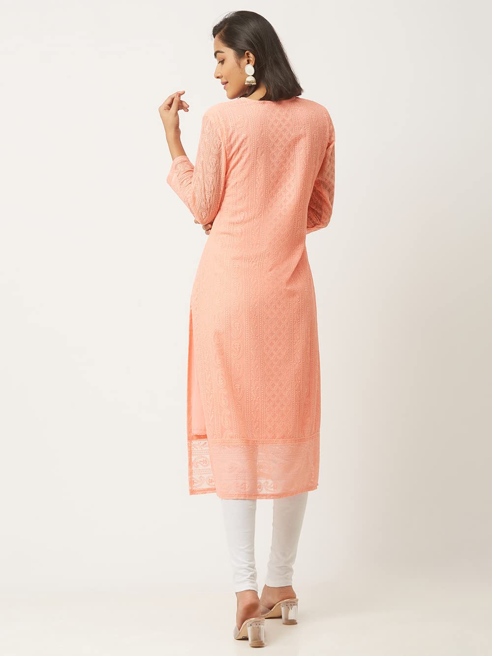 ZOLA Exclusive Georgette Round Neck with Full Sleeves and Calf Length Luckhnowi Chikan Kari Kurta with Button Placket on Yolk Ethnic Wear Straight Kurta for Women Pack of 1