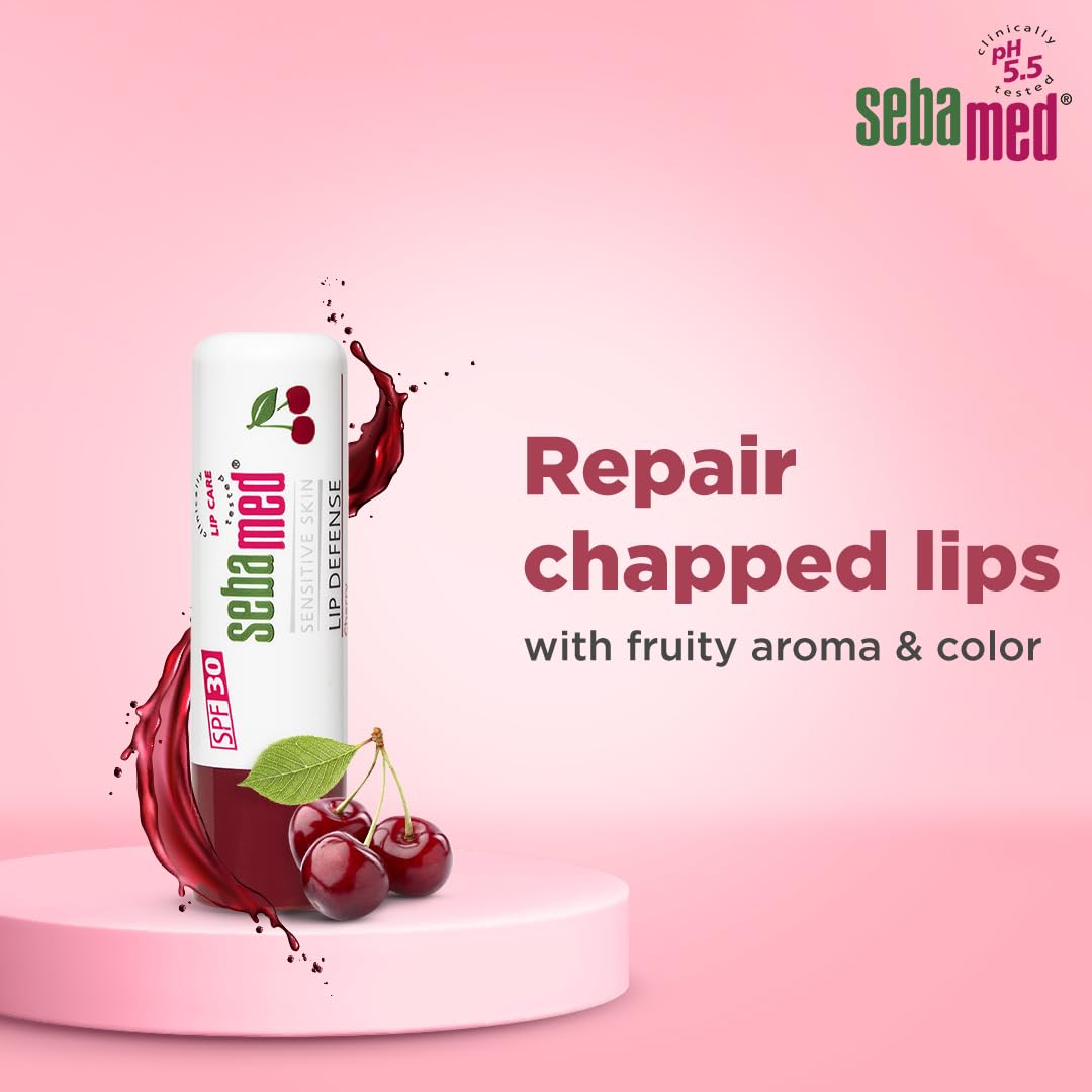 Sebamed Lip defense 4.8gm, Cherry | SPF 30 |Lip balm for Dry & Chapped lips with natual oil & Vitamin E | UV protection | Dermatologically tested