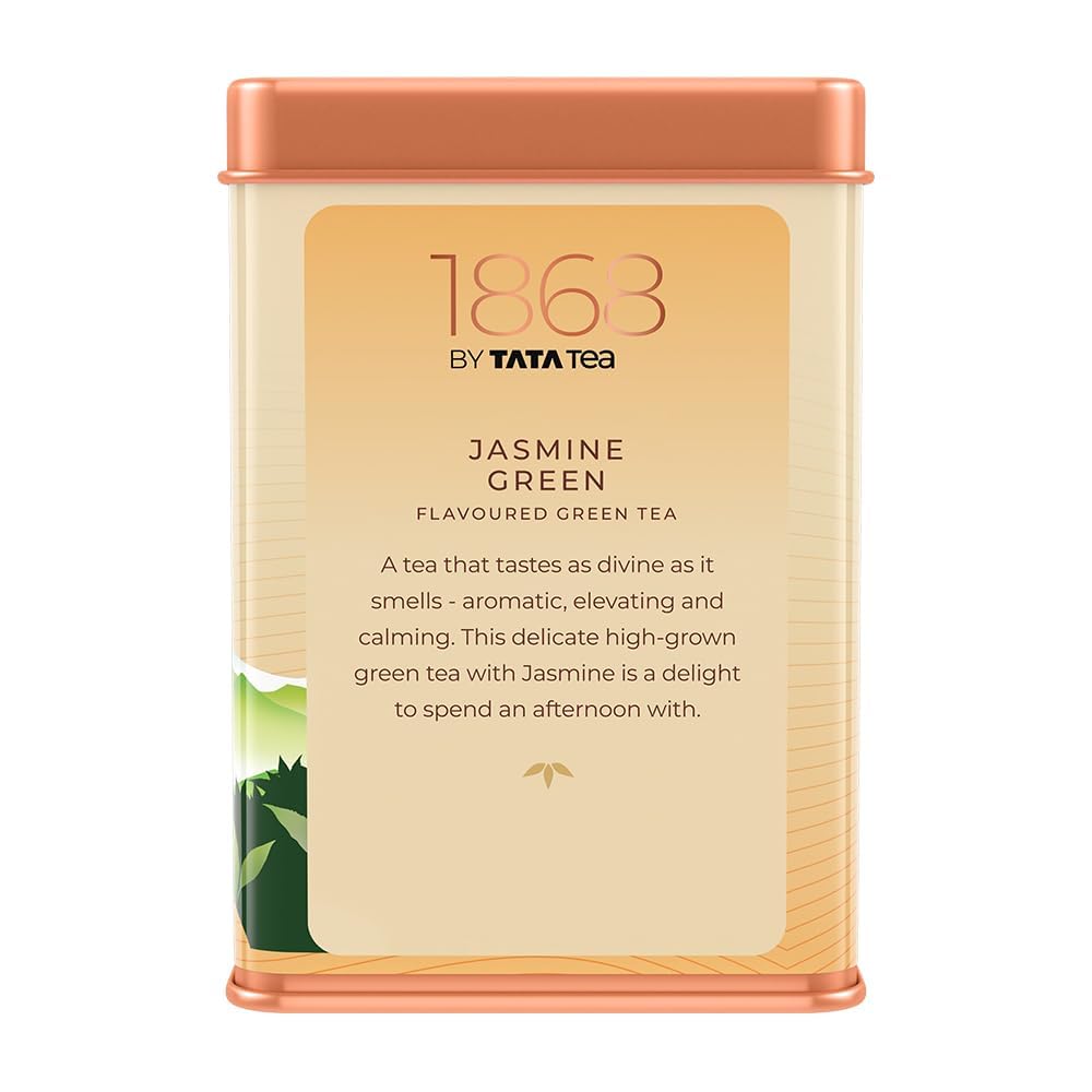 1868 by Tata Tea, Jasmine Green, Munnar Green Tea with Jasmine Oil, Handpicked Whole Leaf, Light, Aromatic, Sweet, From House of TATA (25 cups/50g)