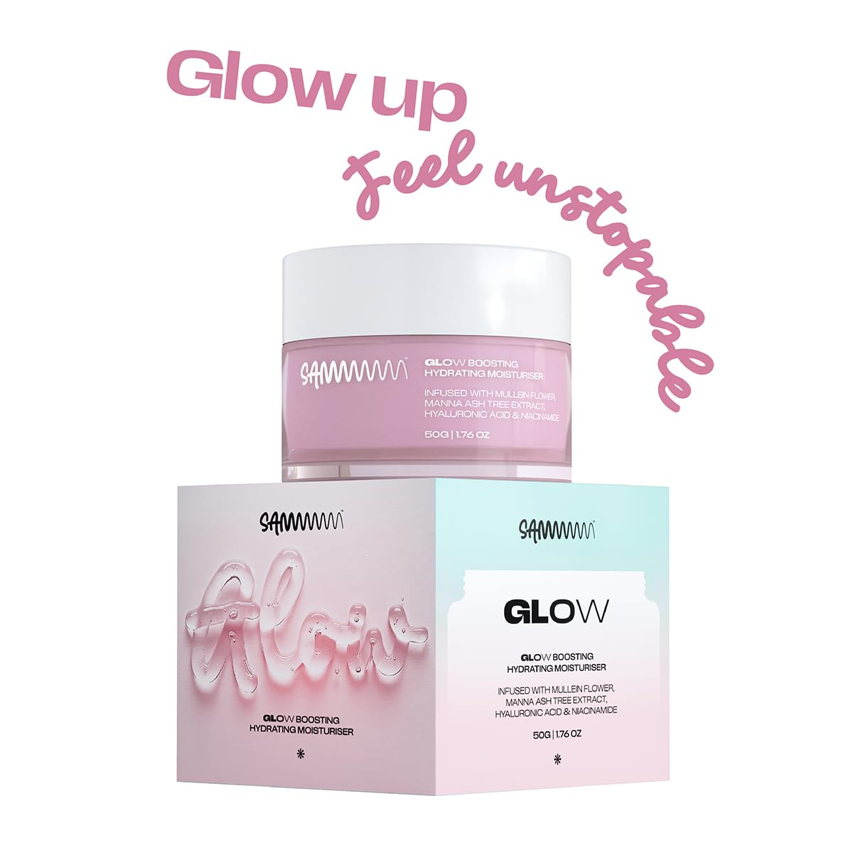 Sammmm GLOW Boosting Hydrating Moisturizer - 1.76 oz - Face Moisturizer with Hyaluronic Acid & Niacinamide for All Skin Types - Lightweight, Oil-Free, Fast Absorbing, Pink Gel Crème