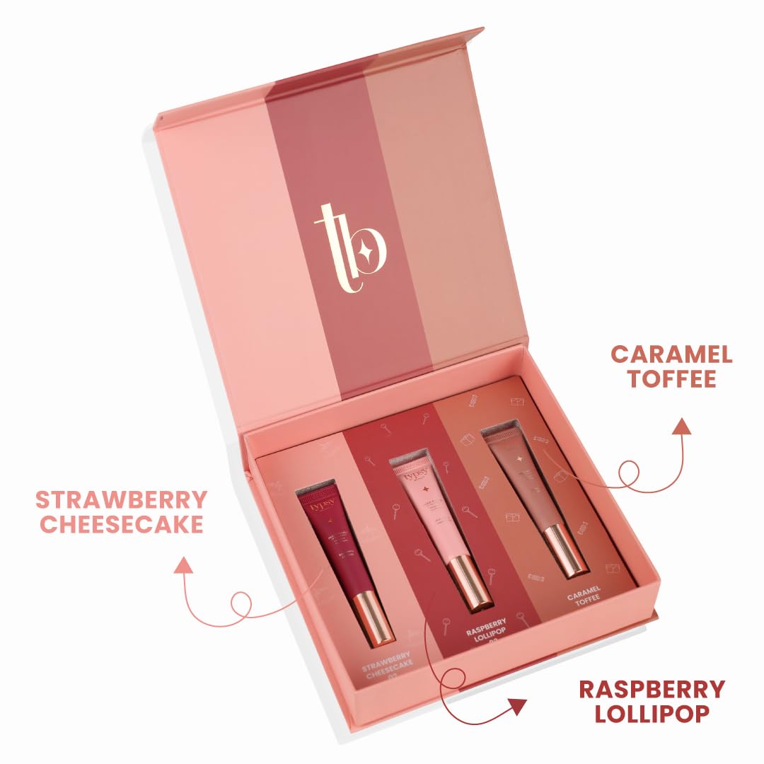 Typsy Beauty Pout & Polish Lip Balm Kit Trio | Hydrating with Peptides & Collagen | Deep Moisture with Cooling Metal Applicator | Strawberry Cheesecake, Raspberry & Caramel Toffee | 8ml