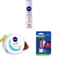 NIVEA Deodorant, Pearl & Beauty, Women, 150ml & NIVEA Soft Light Moisturizer Cream, with Vitamin E & Jojoba Oil for Face, Hands and Body, 300 ml & NIVEA Lip Balm, Fruity Berry Shine, 4.8g